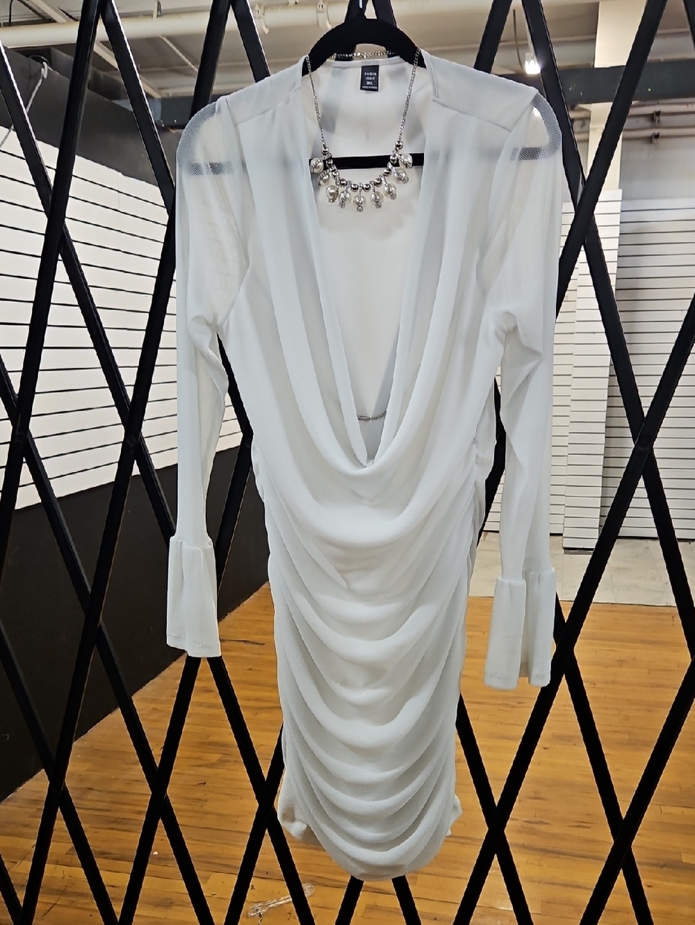 White Drape Front Long Sleeve Dress